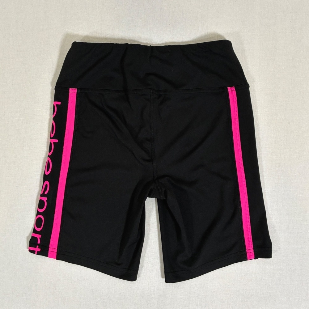 Bebe Sport Womens S Black Pink Logo Stripe High Rise Biker Shorts Athletic